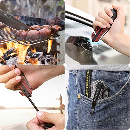 Jellas Cuchillo Plegable Supervivencia, Navaja Táctica con Punta Rompevidrio y Cutter Cinturón, 7Cr17 Acero Inoxidable con Hoja Recubierta de Titanio, Mango de Aluminio+G10, para Acampar, Picnic, Caza