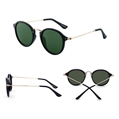 JIM HALO Gafas de Sol Polarizadas Retro Redondas Lentes de Espejo Pequeño Circulo Tintado Hombre Mujer(Negro Brillante/Verde Polarizado)