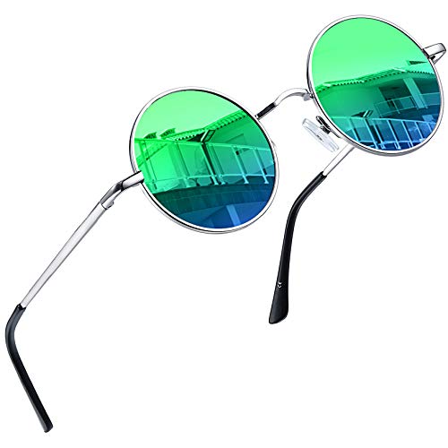 Joopin Redondas Gafas de sol Polarizadas Retro Vintage John Lennon Círculo Metálico Hippie Steampunk para Hombres y Mujeres UV400 (Azul verde)