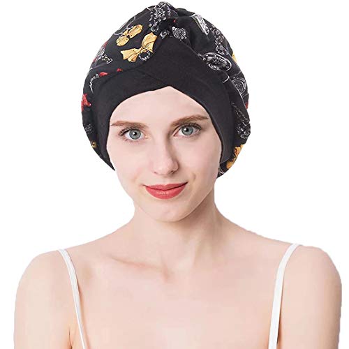 Joyfeel's Store Gorra de Seda para Dormir con Capucha de Raso Floral para el Cabello para la pérdida Natural del Cabello Protección del Cabello de Noche y día (Pack of 2 (Navy+Black))