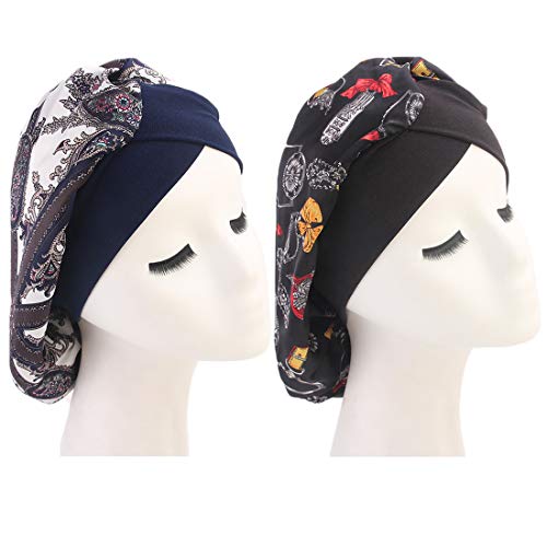 Joyfeel's Store Gorra de Seda para Dormir con Capucha de Raso Floral para el Cabello para la pérdida Natural del Cabello Protección del Cabello de Noche y día (Pack of 2 (Navy+Black))