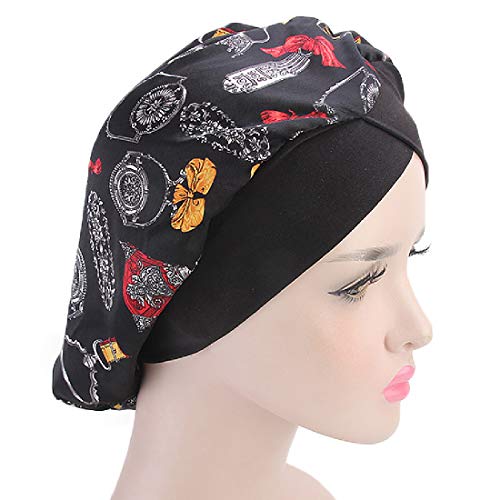 Joyfeel's Store Gorra de Seda para Dormir con Capucha de Raso Floral para el Cabello para la pérdida Natural del Cabello Protección del Cabello de Noche y día (Pack of 2 (Navy+Black))