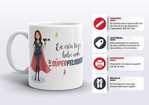 Kembilove Taza de Café Peluquera – En Esta Taza Bebe una Súper Peluquera – Taza de Desayuno para la Oficina – Taza de Café y Té para Profesionales – Taza de Cerámica Impresa – Tazas de 350 ml