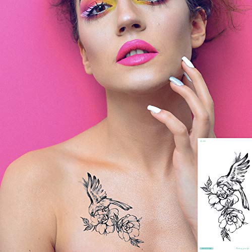 Konsait Tatuajes Temporales para Adultos Mujeres Niños, 14 grande Hojas Impermeable flor Tatuaje Temporal Falso Negro Tatuajes para brazos pecho trasero piernas