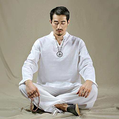 KSUA Traje de Yoga para Hombre con OM Diseño Algodón Zen Traje de meditación Ropa de Artes Marciales de Tai Chi Uniforme Mangas largas, Blanco EU S/Etiqueta M