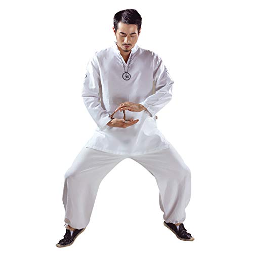 KSUA Traje de Yoga para Hombre con OM Diseño Algodón Zen Traje de meditación Ropa de Artes Marciales de Tai Chi Uniforme Mangas largas, Blanco EU S/Etiqueta M