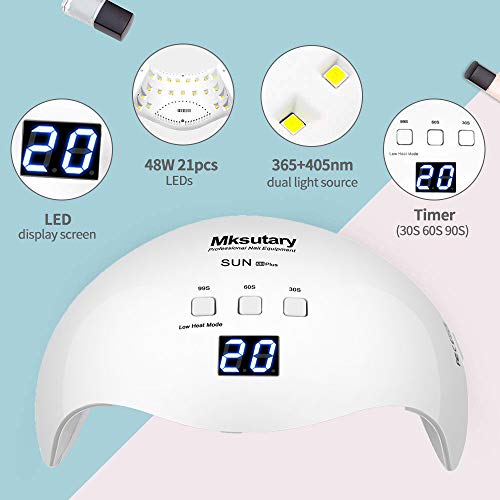 Lámpara UV Profesional, 48W Lampara Led Uñas Profesional con temporizador, Sensor para uñas de gel y Toe Nail Curing 21 Leds con pantalla LCD y temporizador 30s, 60s, 99s