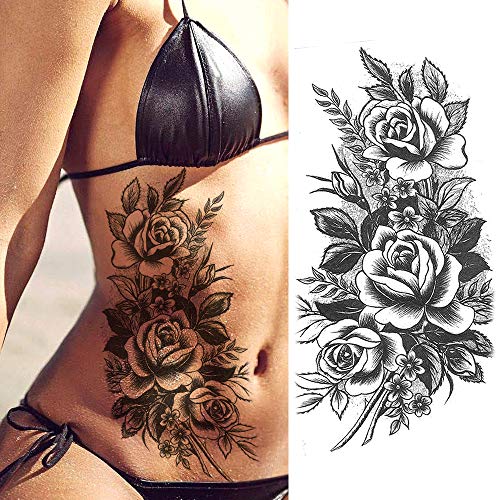 LAROI 10 Hojas Gran Realista Rosa Peonía Flor Tatuajes Temporales Adultos Mujer Festival Negro Tatuaje Pegatinas 3d Flor Dama Hombro Tatuajes Diy Gran Tatuaje Sexy Brazo Cadenas Patrón Tattoos