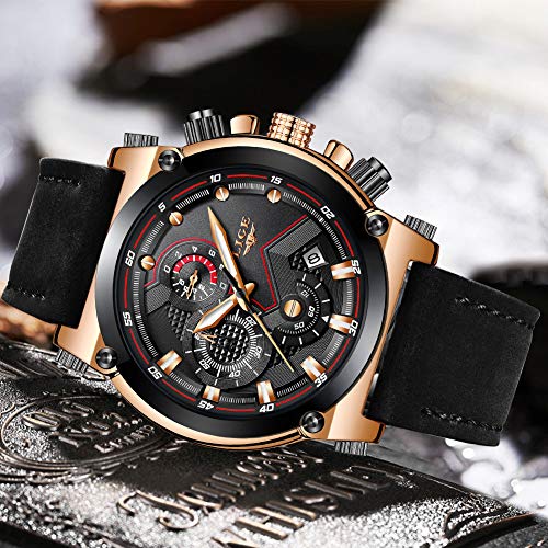 LIGE Hombre Relojes Moda Oro Reloj Hombres Negocios Clásico Negro Cuero Automática Fecha Relojes