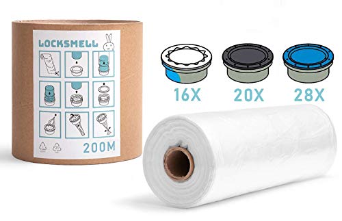 LOCKSMELL Nappy Bin Liner 200m Compatible con los cartuchos Tommee Tippee Sangenic Angelcare & Litter Locker II | Equivalente a 28 Angelcare 20 Litter Locker II 16 Recargas Sangenic + TUBO DE RECAMBIO