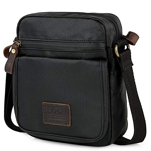 Lois - Bolso Bandolera de Hombre de Lona Denim y Piel Ajustable Múltiples Compartimentos Funcional Práctica Cómoda para Uso Diario 307821, Color Negro