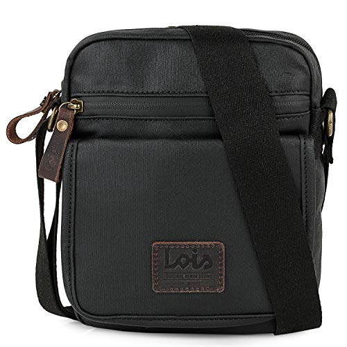 Lois - Bolso Bandolera de Hombre de Lona Denim y Piel Ajustable Múltiples Compartimentos Funcional Práctica Cómoda para Uso Diario 307821, Color Negro