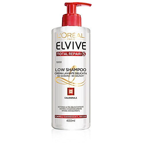 L'Oréal Paris Elvive Low Champú Total Repair 5 – Champú delicado sin espuma y sin sulfatos para cabellos dañados o secos, paquete de 6 x 400 ml