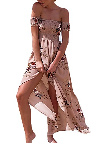 Luojida - Vestido de playa para mujer, bohemio, largo floral, estilo irregular, estilo de hombro descubierto Rose Bonbon S