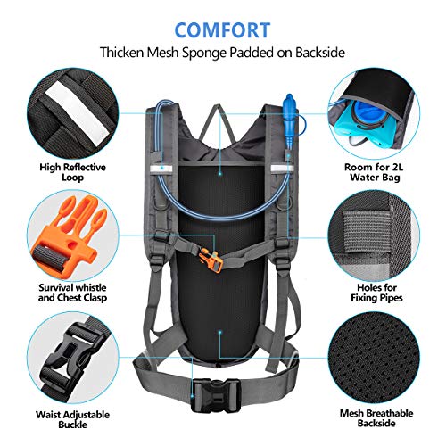 LUROON Mochila de Hidratación con 2L Bolsa de Agua sin BPA, Ligero Portátil Mochila de Correr para Hacer Ejercicio, Escalar, Acampar, Esquiar, Bicicleta, Trekking para Hombres Mujeres (Gris)