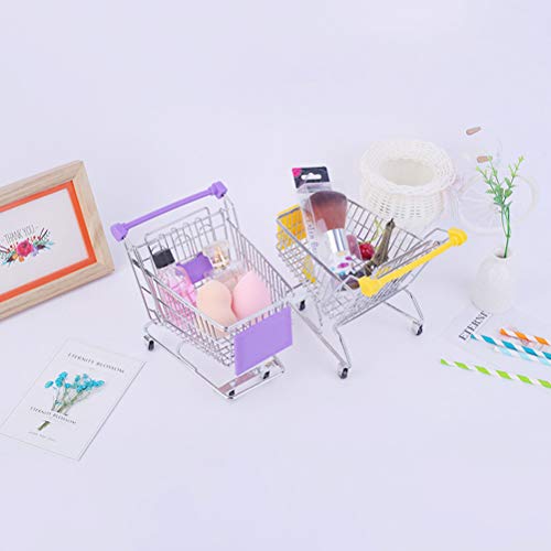 Lurrose 3 unids Mini Carrito de la compra Maquillaje Esponja Holder Cosméticos Almacenamiento Carro de supermercado Los niños pretenden jugar juguete de hierro carro