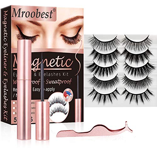 Magneticas Delineador, Pestañas Magnéticas, Pestañas Magneticas Delineador, 3D Reutilizables Naturales Magnéticas, 5 Pares Pestañas Postizas con Eyeliner Waterproof Delineador Magnetico, Con Pinzas