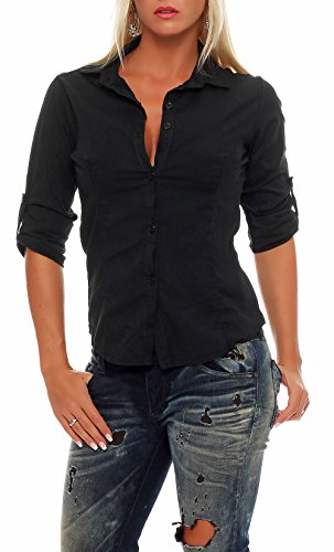 Malito Blusa Camisera Clásica-Look V-Neck 3/4 Boyfriend-Style Casual Botones Largo 8030 Mujer (S, Negro)