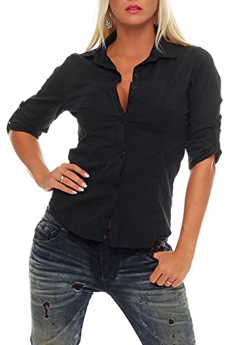 Malito Blusa Camisera Clásica-Look V-Neck 3/4 Boyfriend-Style Casual Botones Largo 8030 Mujer (S, Negro)