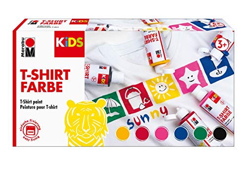 Marabu- Kids Shirt Farbe - Pintura para Camiseta Infantil, 6 x 80 ml, para diseños creativos en Textiles claros, Resistente al Lavado hasta 60 °C, Ideal para niños, Color carbón (0308000000001)