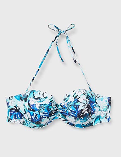 Marca Amazon - IRIS & LILLY Top de Bikini con Estampado de Flores Mujer, Azul (Blue Leaf), XS, Label: XS