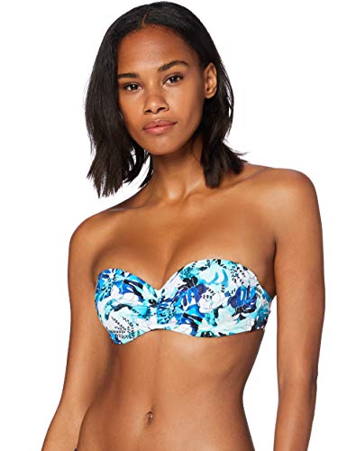 Marca Amazon - IRIS & LILLY Top de Bikini con Estampado de Flores Mujer, Azul (Blue Leaf), XS, Label: XS