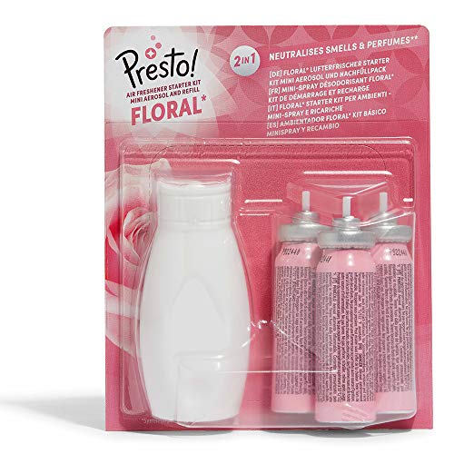 Marca Amazon - Presto! Ambientador Floral* Kit básico Minispray y Recambio (1 Aerosol & 3 recargas) - Pack de 3