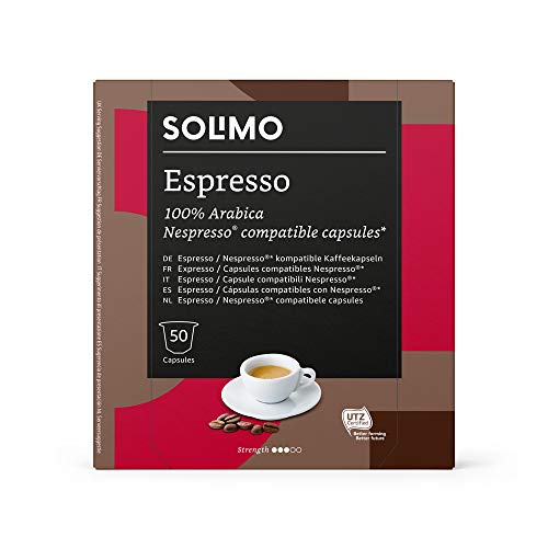 Marca Amazon - Solimo Cápsulas Espresso, compatibles con Nespresso* - café certificado UTZ, 100 cápsulas (2 x 50)