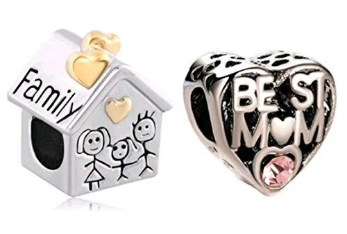 Marni’s – Set de 2 Abalorios, 1 de Casa Familiar y 1 de Corazón Mejor Mamá - Cuentas para Pulseras y Collares Estilo Europeo día de la Madre o cumpleaños para Mujeres.