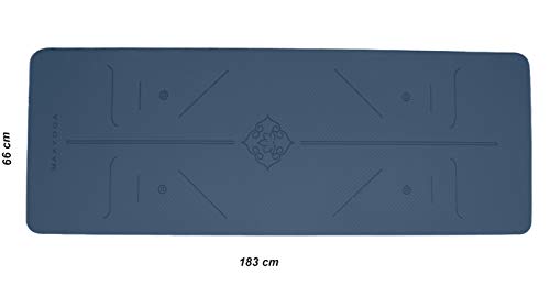 MAXYOGA® Esterilla Yoga de Medida Grande 183cm x 66cm x 6mm y Líneas de Alineación grabadas a Laser Colchoneta Yoga Mat Antideslizante y Ligera de Material Ecológico TPE Azul