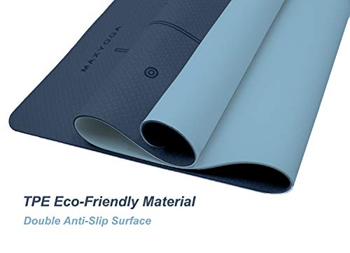 MAXYOGA® Esterilla Yoga de Medida Grande 183cm x 66cm x 6mm y Líneas de Alineación grabadas a Laser Colchoneta Yoga Mat Antideslizante y Ligera de Material Ecológico TPE Azul