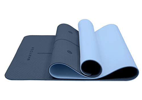 MAXYOGA® Esterilla Yoga de Medida Grande 183cm x 66cm x 6mm y Líneas de Alineación grabadas a Laser Colchoneta Yoga Mat Antideslizante y Ligera de Material Ecológico TPE Azul