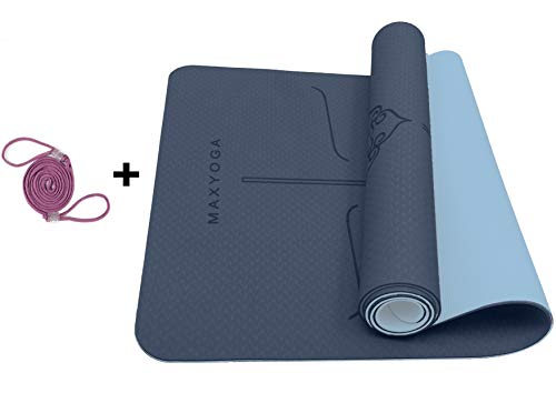 MAXYOGA® Esterilla Yoga de Medida Grande 183cm x 66cm x 6mm y Líneas de Alineación grabadas a Laser Colchoneta Yoga Mat Antideslizante y Ligera de Material Ecológico TPE Azul