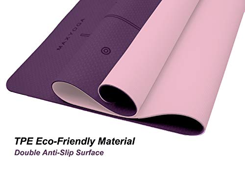 MAXYOGA® MaxDirect Esterilla Yoga con Sistema de Alineación del Cuerpo. Colchoneta Yoga Mat Antideslizante y Ligera de Material Ecológico TPE. Tamaño Ideal 183cm x 61cm x 6mm. - Morado