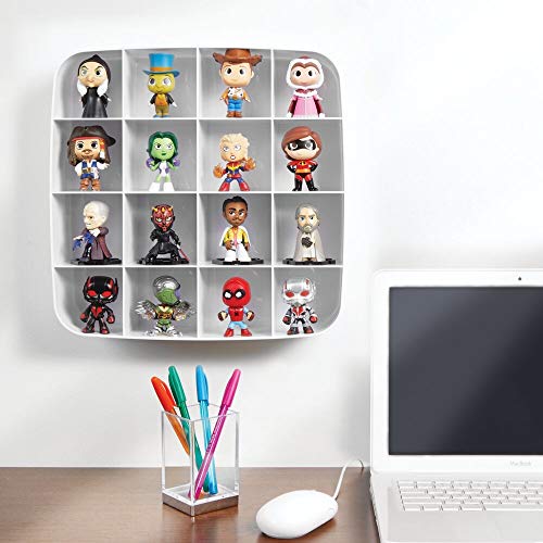 mDesign Vitrina coleccionista – Caja expositora para pared en plástico con 16 divisiones – Estantería de pared cuadrada para coches de colección, figuras, esmalte de uñas o perfumes – blanco