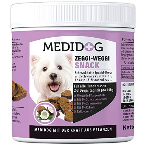 Medidog Zeggi Weggi 400 g Premium Protección Drops para perros, prensado en frío y cereales, con aceite de comino negro, aceite de coco y zistrosa, hipoalergénico, sin garrapatas, garrapatas, pinzas