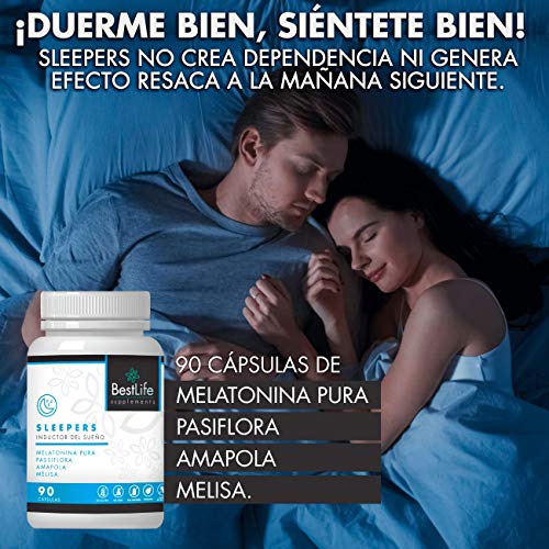 Melatonina Pura con Pasiflora, Amapola y Melisa | Potente Inductor del Sueño | Elimina el Insomnio y mejora la calidad del sueño | Efecto rápido y prolongado | Producto 100% Natural | 90 Cápsulas