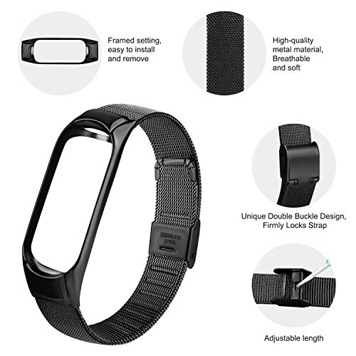 Meliya Correa Compatible con Xiaomi Mi Band 4 Xiaomi Mi Band 3 Metal Correas,Pulsera de Repuesto de Inoxidable Hebilla Ajustable Hebilla Correa para Mujer y Hombre(No Host) (Negro)