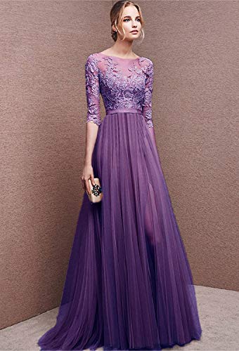 Minetom Mujer Vestidos De Noche Fiesta Elegante Largos Bodas Vestido De Gasa Atractivo 3/4 Mangas Maxi Dress Atractivo Morado ES 44