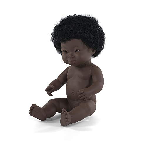 Miniland –Muñeca bebé Africana Niña Down. Vinilo Suave de 38cm. Rasgos étnicos y sexuado para el Aprendizaje de la Diversidad. Ligero y Agradable Perfume. Colección de Diferentes etnias y sexos.