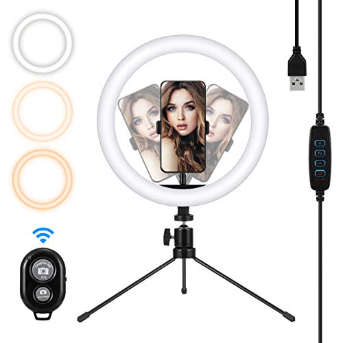 MOHOO 10" Aro de Luz Anillo de Luz LED 3 Colores 10 Brillos Regulables Control Remoto Aro de Luz con Trípode Soporte de Teléfono Aro de luz para movil para Youtube, Maquillaje, Selfie, TIK Tok