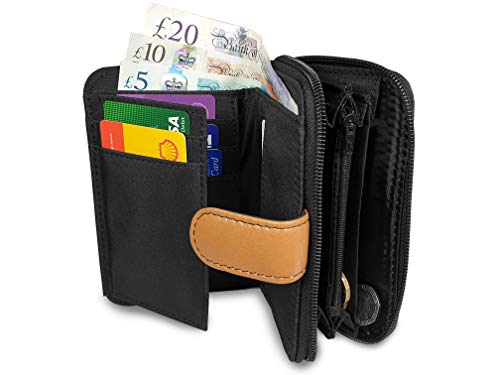 Monedero de Cuero Real RFID y Bloqueo NFC con 2 Secciones de Monedas con Cremallera, 5 Bandejas de Monedas, 6 Ranuras para Espacios de Tarjetas de Crédito y Débito 14cm x10 x3 QL841MX (Caja de Regalo)