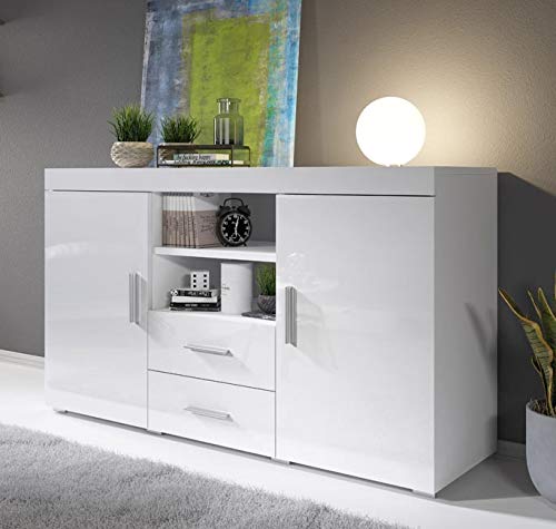 muebles bonitos Aparador Moderno Modelo Roque Blanco de melamina Brillo Ancho 140cm Alto 80cm Profundo 40cm