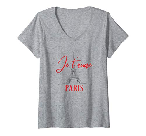 Mujer Eiffel Tower Paris France Je t'aime I Love You Souvenir Gift Camiseta Cuello V