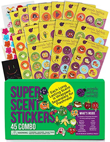 Multipack de 45 Hojas de Pegatinas para Rascar y Oler de Purple Ladybug Stickers de Colores Divertidísimos para Niños y Profesores - 15 Intensos Aromas para Disfrutar Haciendo Manualidades