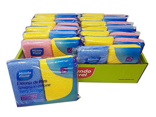 Mundo Floral. Esponjas de baño de rizo de algodón. Muy suaves perfectas para pieles sensibles y de todo tipo. Bandeja con 28 esponjas envasadas en 14 packs de 2 uds