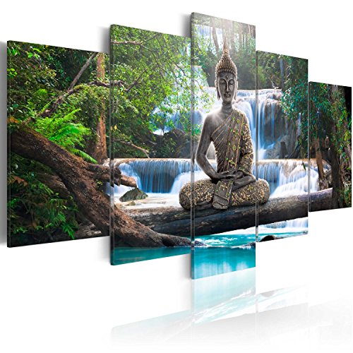 murando - Cuadro en Lienzo Buda 200x100 cm Impresión de 5 Piezas Material Tejido no Tejido Impresión Artística Imagen Gráfica Decoracion de Pared Oriente Zen Cascada c-A-0021-b-n