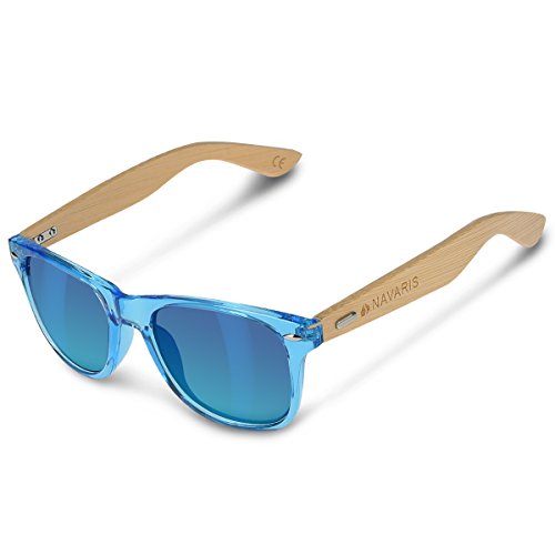 Navaris Gafas de sol UV400 - Gafas de madera para hombre y mujer - Gafas de sol con patillas de madera - Azul