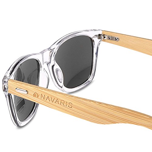 Navaris Gafas de sol UV400 - Gafas de madera para hombre y mujer - Gafas de sol con patillas de madera - Transparente y gris