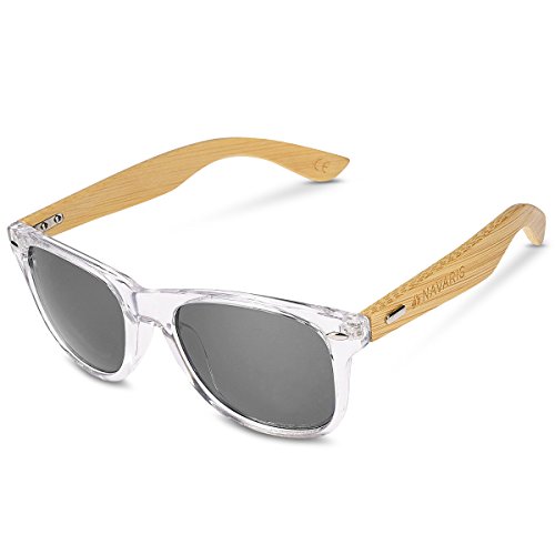 Navaris Gafas de sol UV400 - Gafas de madera para hombre y mujer - Gafas de sol con patillas de madera - Transparente y gris